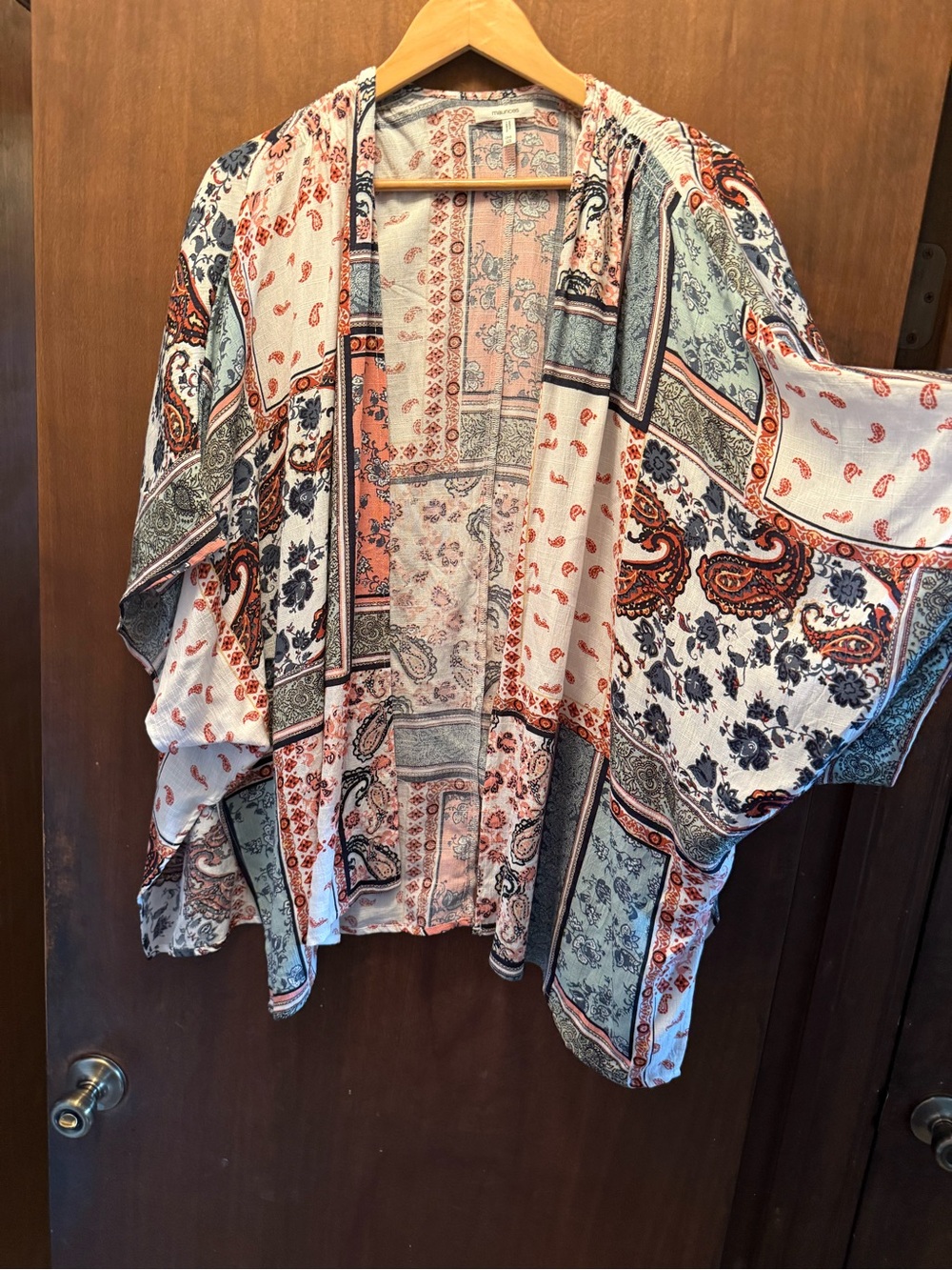 Maurices Patchwork Paisley Open-Front Kimono - White, Coral & Navy